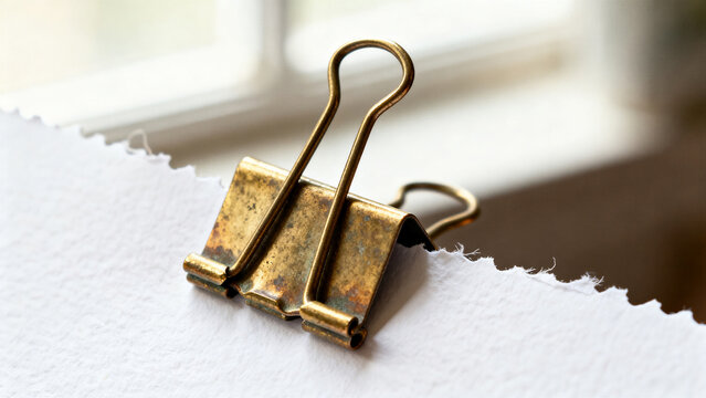 Vintage Brass Paperclip Holding Textured Watercolor Paper Edge