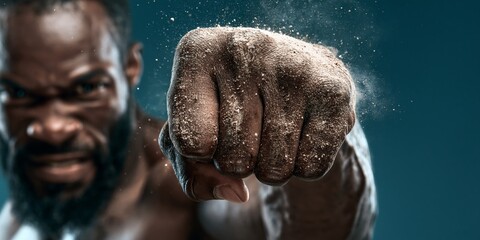 Obraz premium Dynamic Fist Impact with Dust. close up of a strong fist of a black person