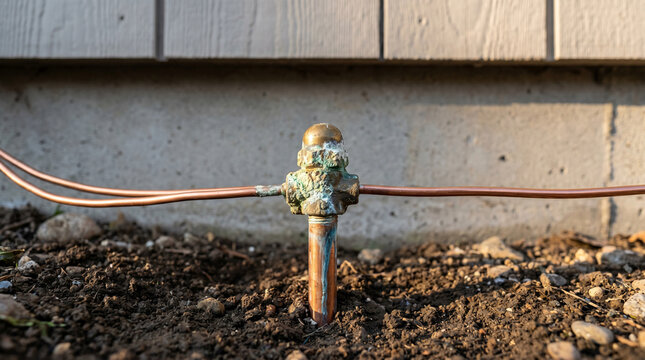 Corroded ground rod clamp with copper grounding wire beside home foundation in late afternoon light