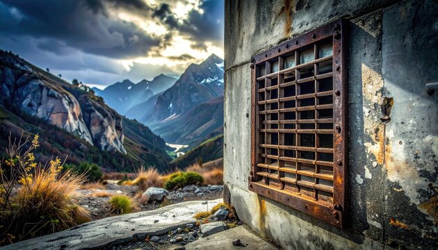 A cinematic widescreen view featuring a weathered iron ventilation grate embedded into the side of a decaying concrete wall, overlooking a dramatic and scenic rugged mountain landscape at sunset.