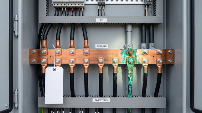 Corroded grounding lug on copper busbar inside solar farm electrical cabinet