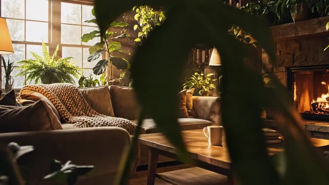 Interior view of a living room with a stone fireplace, burning wood, diverse indoor plants, wooden coffee table with books and mug, and warm sunlight streaming through a window.