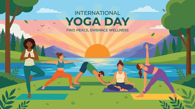 International Yoga Day: People Practicing Yoga Outdoors by Lake at Sunrise