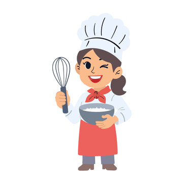 Cute female chef cartoon character holding whisk and bowl in flat vector style. Ideal for restaurant branding, bakery stickers, cooking classes, recipe content, menu designs, and culinary themed illus