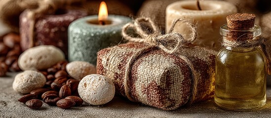 Fototapeta premium Still life of candles, oil bottle, soap, stones, and beans