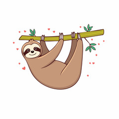 Fototapeta premium Cute Sloth Hanging on a Branch with Hearts