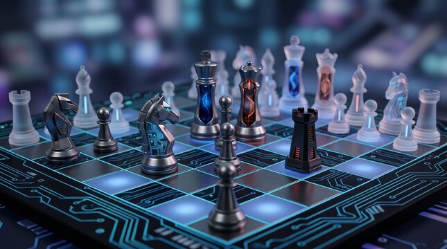 Futuristic chess game on glowing circuit board symbolizing artificial intelligence strategy and technology