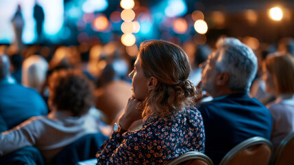 Fototapeta premium Dense audience crowd at a business summit or conference listening attentively to a keynote address on career development and industry trends, energy of collective focus and learning,