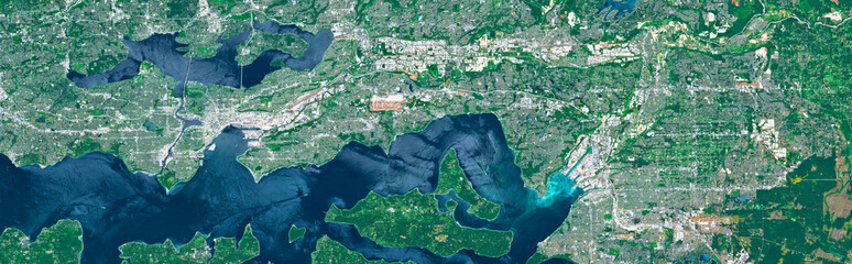 Seattle Metropolitan Area and Puget Sound in the USA Viewed from Space – Coastline, Ports and Urban Landscape in Satellite Imagery