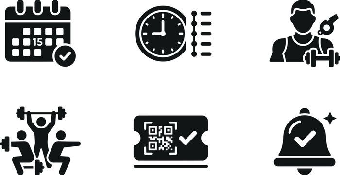 Fitness booking calendar event schedule time tracking gym trainer qr code ticket verification and reminder bell vector icon set