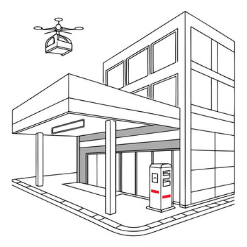 drone delivering package to building line art illustration