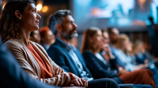 Diverse group of men and women in business attire seated in rows, attentively facing a stage during a professional conference presentation, expressions of focus and engagement visible,