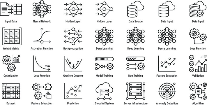  Artificial intelligence data science icons template with gradient descent weight matrix loss function model training and server cloud infrastructure,