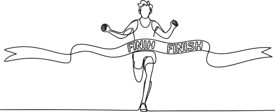 Single one line drawing male runner wins by crossing the finish line ribbon on race marathon competition.one line Art icon drawing vector
