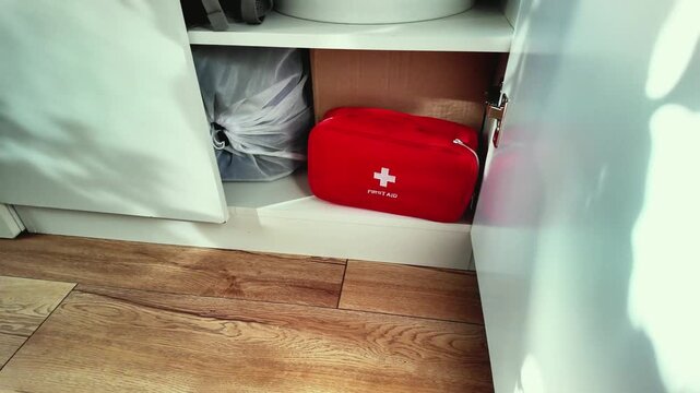 Red first aid kit on wooden floor, hand placing pouch into lower cabinet calm preparedness scene with sunlight on laminate, compact medical pouch stored in kitchen cupboard for everyday