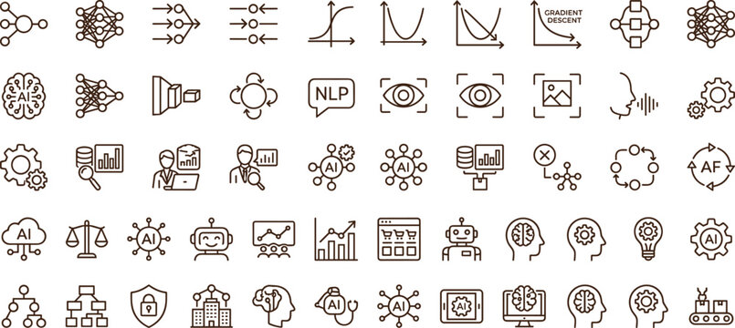 Artificial intelligence line icon mega bundle featuring deep learning neural networks computer vision natural language processing and data science analytics,