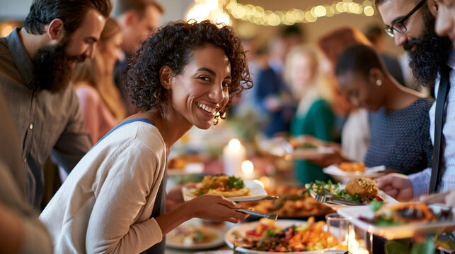 Vibrant buffet event featuring a long table spread with diverse dishes while men and women of various backgrounds gather around it, sharing food, laughing, and socializing in a warm