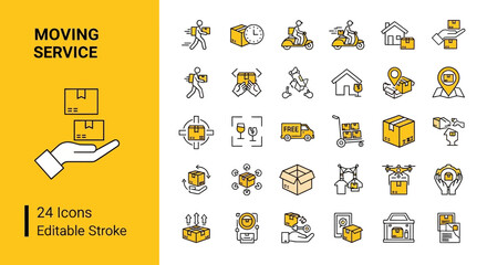 Fototapeta premium Moving service icons a collection of 24 editable stroke icons representing various aspects of relocation and delivery services