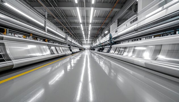 Industrial manufacturing facility interior with high speed plastic film production machinery, featuring parallel tension rollers and reflective flooring in a modern wide angled factory environment.