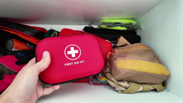 Red first aid kit among travel bags on shelf, hand selecting compact pouch for hiking or trip adventure preparedness with backpacks, cords and essentials neatly arranged for journey safety.