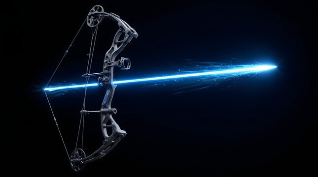 A sleek carbon-fiber compound bow releases a bolt of pure azure energy into the void, symbolizing the surgical precision of future technologies and the unstoppable power of focused intent.