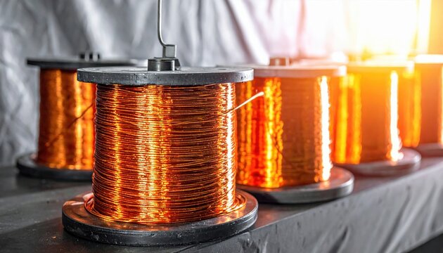 Industrial copper wire coils wrapped on spools for electrical manufacturing, featuring shiny enameled metal windings arranged in a row for precision engineering and power distribution technology.