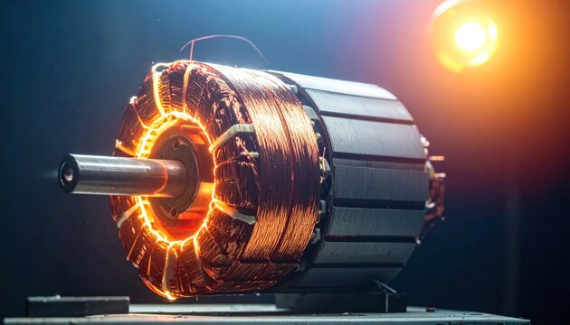 Industrial electric motor rotor with precision wound copper wire coils, a detailed view of electromechanical components highlighting engineering excellence and high voltage power technology systems.