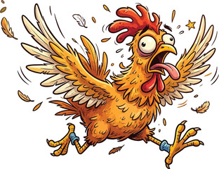 Funny panicked chicken cartoon character, frantic running hen with flying feathers, crazy orange rooster mascot vector illustration © Angel Mandik