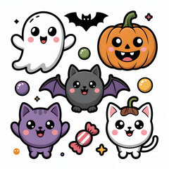 Naklejka premium Halloween cartoon characters with ghost pumpkin bats and cats in a festive scene fun and playful illustration transparent background
