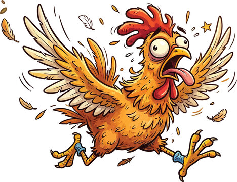 Funny panicked chicken cartoon character, frantic running hen with flying feathers, crazy orange rooster mascot vector illustration