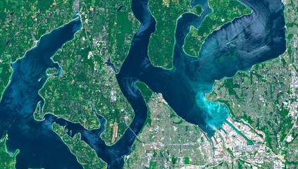 Seattle Metropolitan Area and Puget Sound in the USA Viewed from Space – Coastline, Ports and Urban Landscape in Satellite Imagery © M. Jurzyk