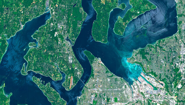 Seattle Metropolitan Area and Puget Sound in the USA Viewed from Space &ndash; Coastline, Ports and Urban Landscape in Satellite Imagery