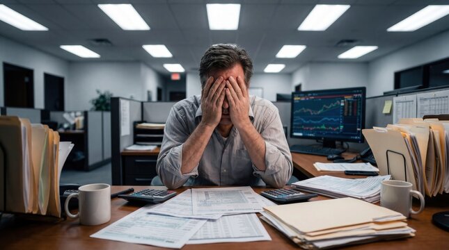Stressed businessman at desk in office with financial documents and charts