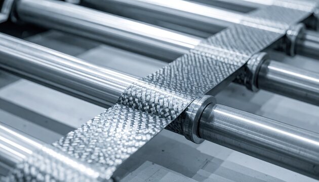Segmented carbon fiber conveyor belt links moving over polished anodized aluminum rollers, illustrating industrial automation technology in a high precision manufacturing factory environment settings.