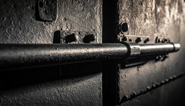 Sturdy iron locking bar fixed across a heavy blast door surface, featuring detailed metallic textures and industrial security hardware in a cinematic widescreen composition, extreme close up shot.