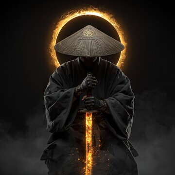 Close up front view of a dark samurai figure in a conical hat, hands gripping a glowing molten katana sword with a circular fiery eclipse in the background