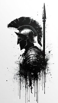 Stylized warrior in profile wearing crested helmet and holding spear, rendered in expressive black ink splatters