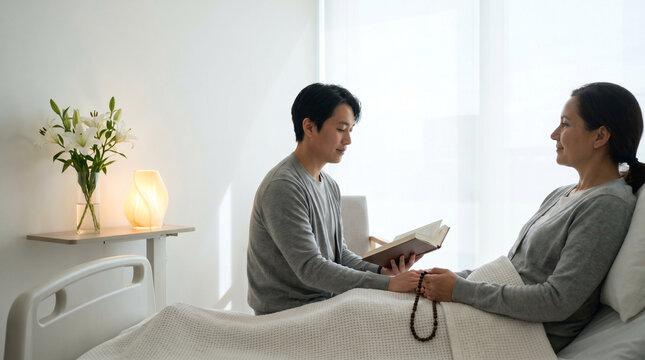 Hospital patient holding rosary beads while religious volunteer reads quietly beside bed, sterile white room softened by single vase of lili 2