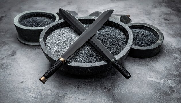 Two sharp obsidian blades crossed neatly over piles of coarse gray sand inside a rustic stone basin, creating a cinematic display of primitive craftsmanship and ancient ritualistic symbolism.