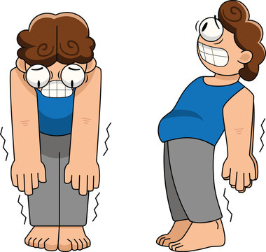 vector illustration full body flat 2D simple character man beginner yoga stretching struggle fun back bend forward bend