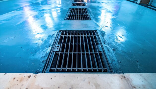 Industrial heavy iron drainage gratings embedded within a wet concrete floor, capturing a cinematic perspective of a structural drainage system in an urban underground environment.