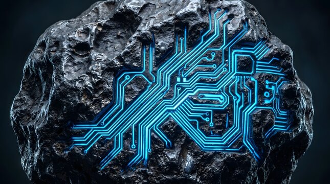 Glowing blue digital circuitry etched into a dark, primordial asteroid, a profound metaphor for the fusion of cosmic history and futuristic extraterrestrial artificial intelligence.