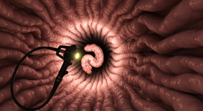 Medical 3D illustration of colonoscopy procedure with intestinal worm