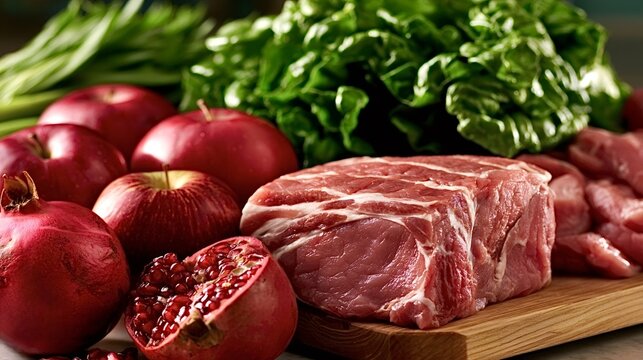 Fresh raw meat, vibrant pomegranates, crisp apples, and green leafy vegetables are arranged on a cutting board, embodying healthy eating and the paleo diet and lifestyle