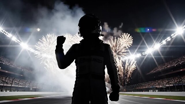 Silhouette of a victorious race car driver celebrating with arms raised on a track with stadium lights and fireworks.