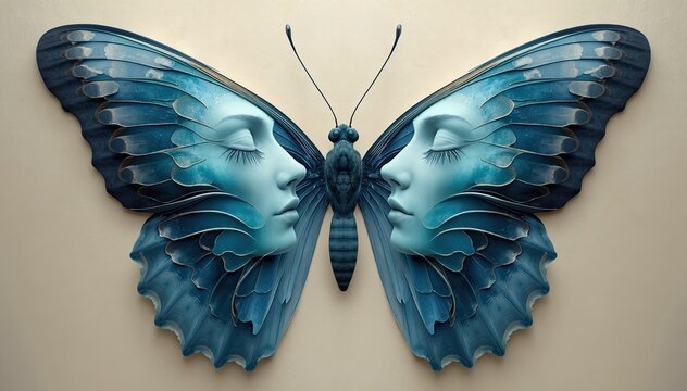 3D rendered wall sculpture design of a vibrant blue butterfly featuring distinct symmetrical female faces carved into the inner wings against an off white wall