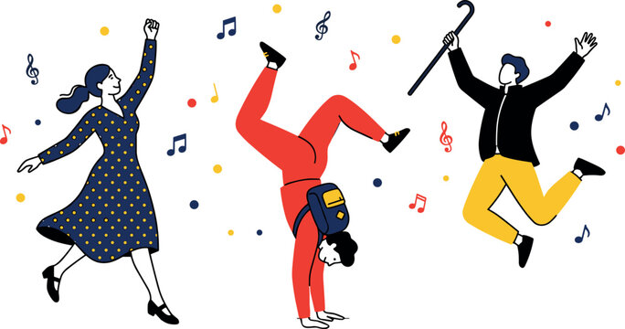 Happy dancing people illustration with energetic poses, music notes, and modern colorful lifestyle celebration characters