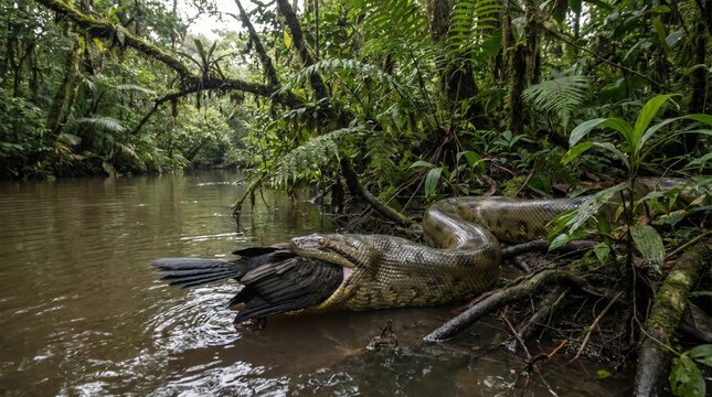 Green anaconda swallowing a bird