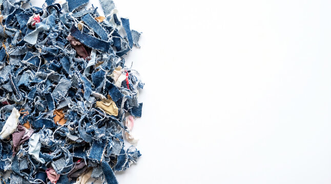 Blue recycled denim insulation fibers and cotton scraps on the left of a white background with copy space