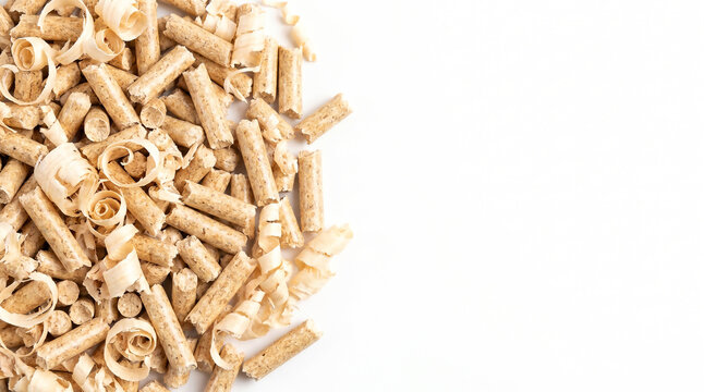 Compressed sawdust biomass pellets and light wood shavings on the left of a white background with wide copy space